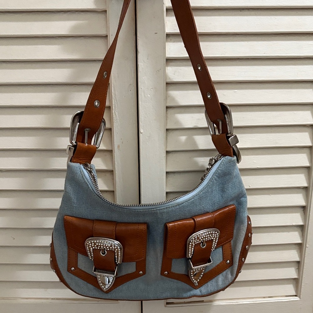 Light Blue and Brown Shoulder Bag with Decorative Buckles